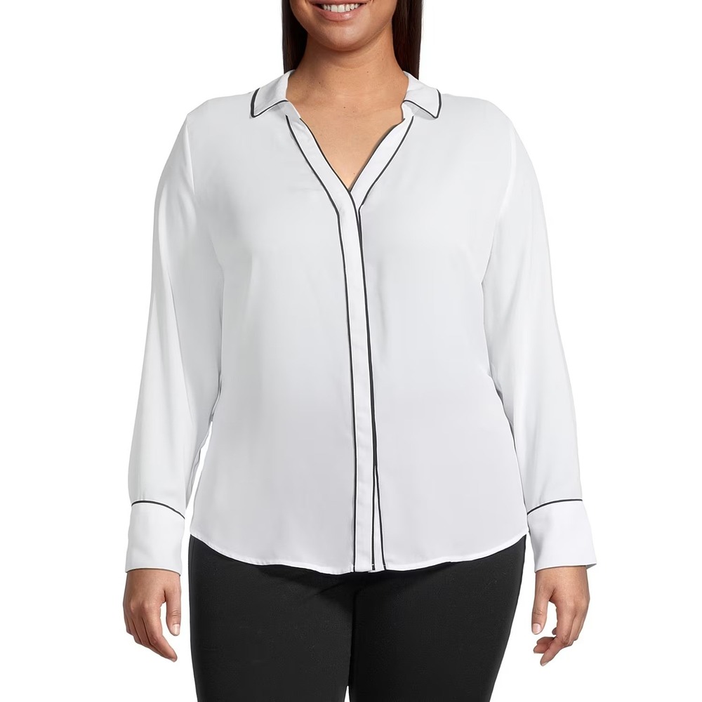 NWT Liz Claiborne Womens 1X White Black Tipping Vent Button Down Shirt Long Slee